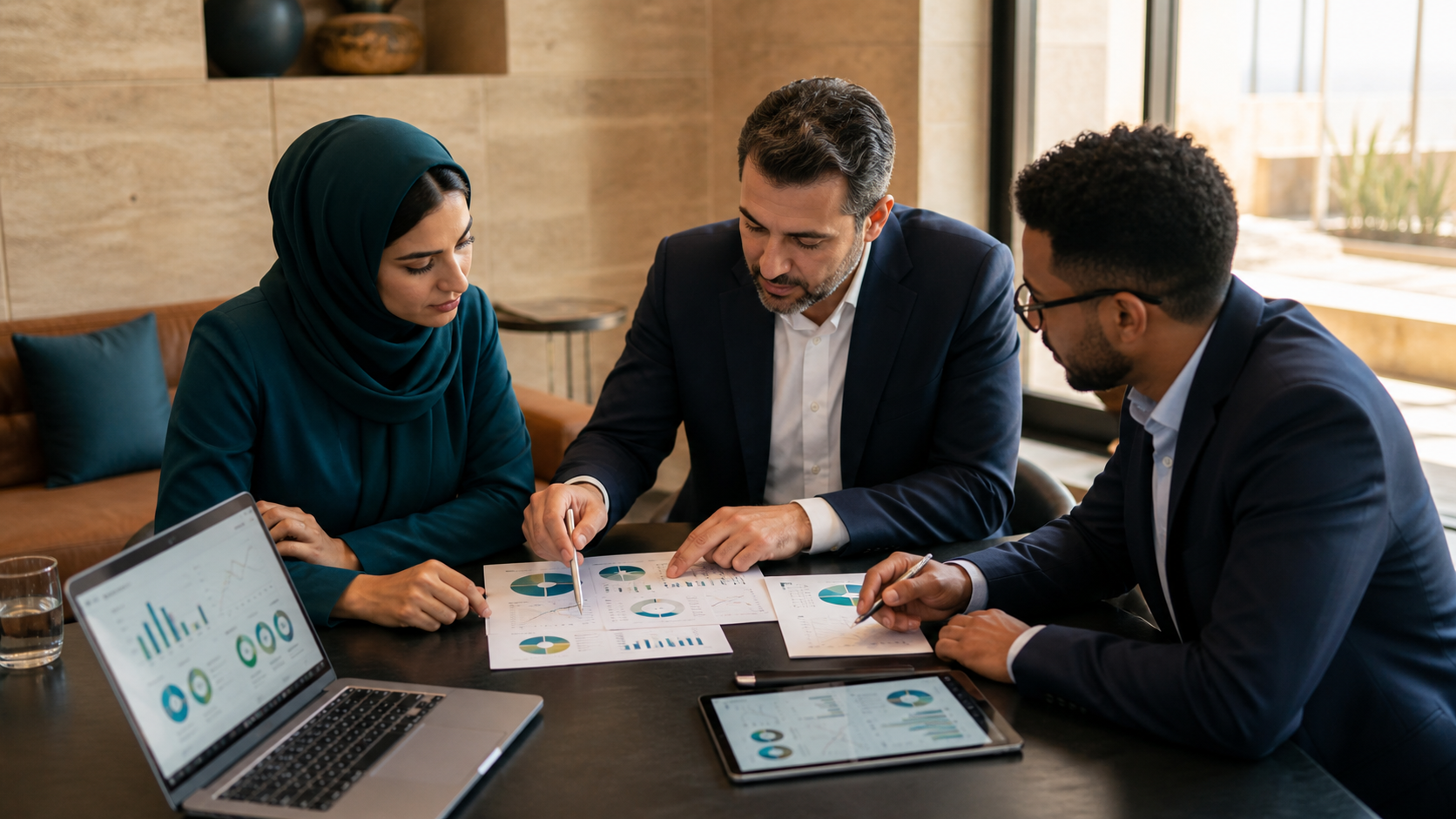 Analysts reviewing international evidence and reporting material in a professional workspace.