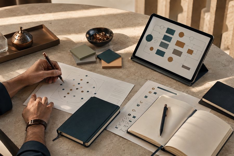 Research instruments, sampling notes, and methodology diagrams arranged on a warm stone desk.