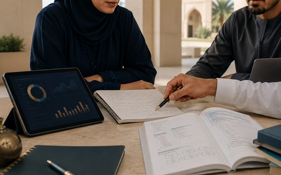 Mathematics notes, programming material, and analytical charts in a UAE-inspired learning setting.