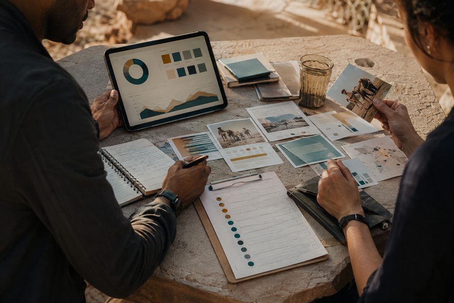 Evaluation notes, indicator cards, and field evidence reviewed on a desert-stone table.