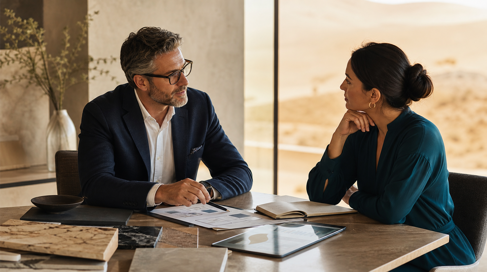 Advisor and client discussing an international project requirement in warm desert light.
