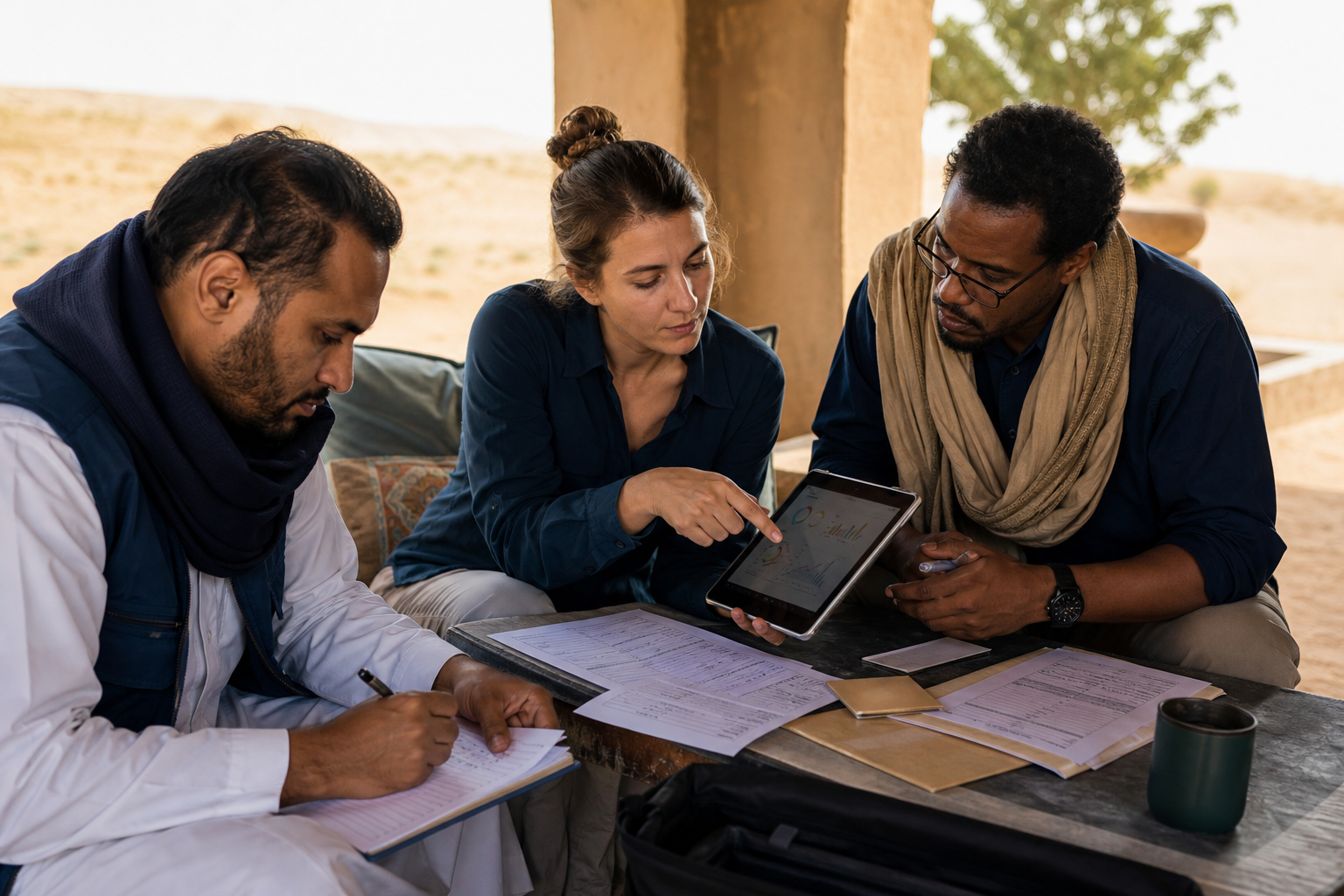 Researchers reviewing evidence and indicators in a desert-edge field context.